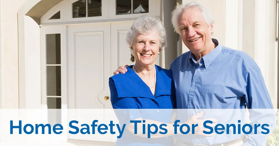Home Safety Tips for Seniors Cover - elderly couple standing in front of home